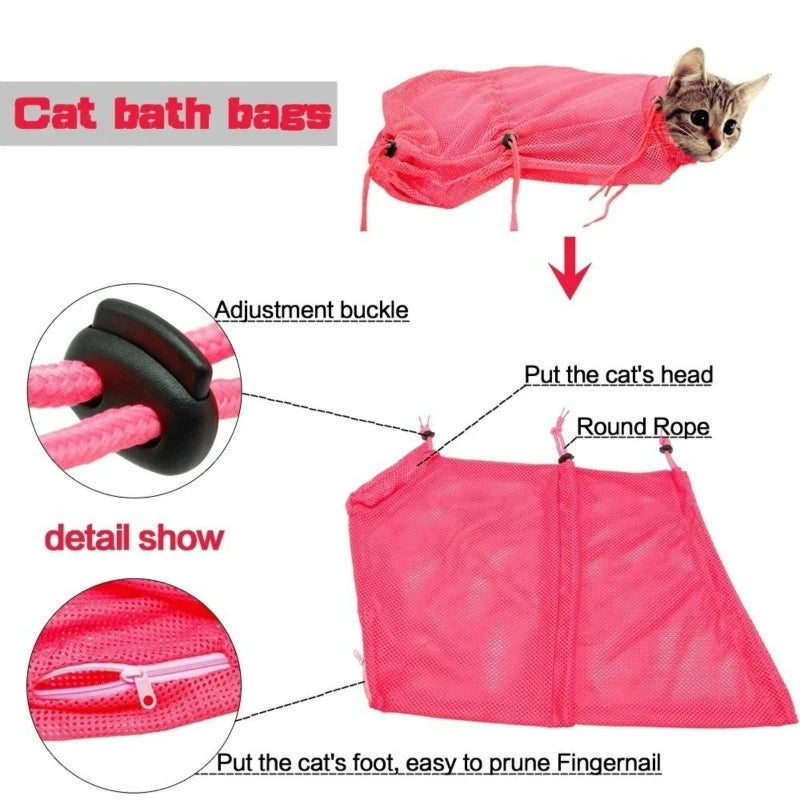 Multifunctional Mesh Cat Bath Bag Adjustable Breathable Cat Restraint Bags for Cleaning Nail Trimming