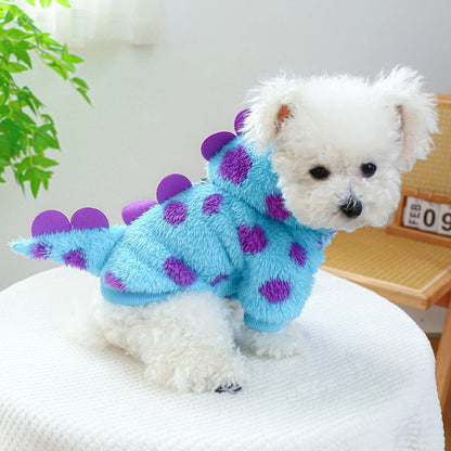 1PC Pet Clothing Dog Cat Autumn and Winter Thickened Warm Blue Dinosaur Hooded Coat With Drawstring Buckle For Small Medium Dogs