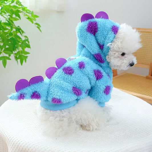1PC Pet Clothing Dog Cat Autumn and Winter Thickened Warm Blue Dinosaur Hooded Coat With Drawstring Buckle For Small Medium Dogs