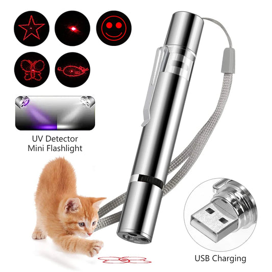 Laser Pointer USB Rechargeable Pen 3 in 1 Cat Dog Pet Toy Red UV Flashlight LED 4mW Laser Pointer Funny Cat Pen Pet Supplies